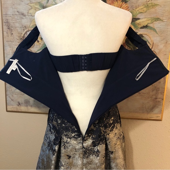 Sz 2 Kay Unger Carina Tea Length Formal Dress Navy Blue, Silver & Gold Metallic - Picture 14 of 16